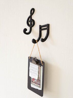 Set of 2 Cast Iron Musical Notes Hooks NEW